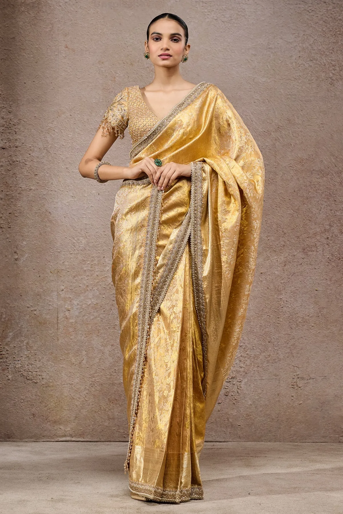 Golden Banarasi Silk Sari with Embellished Blouse