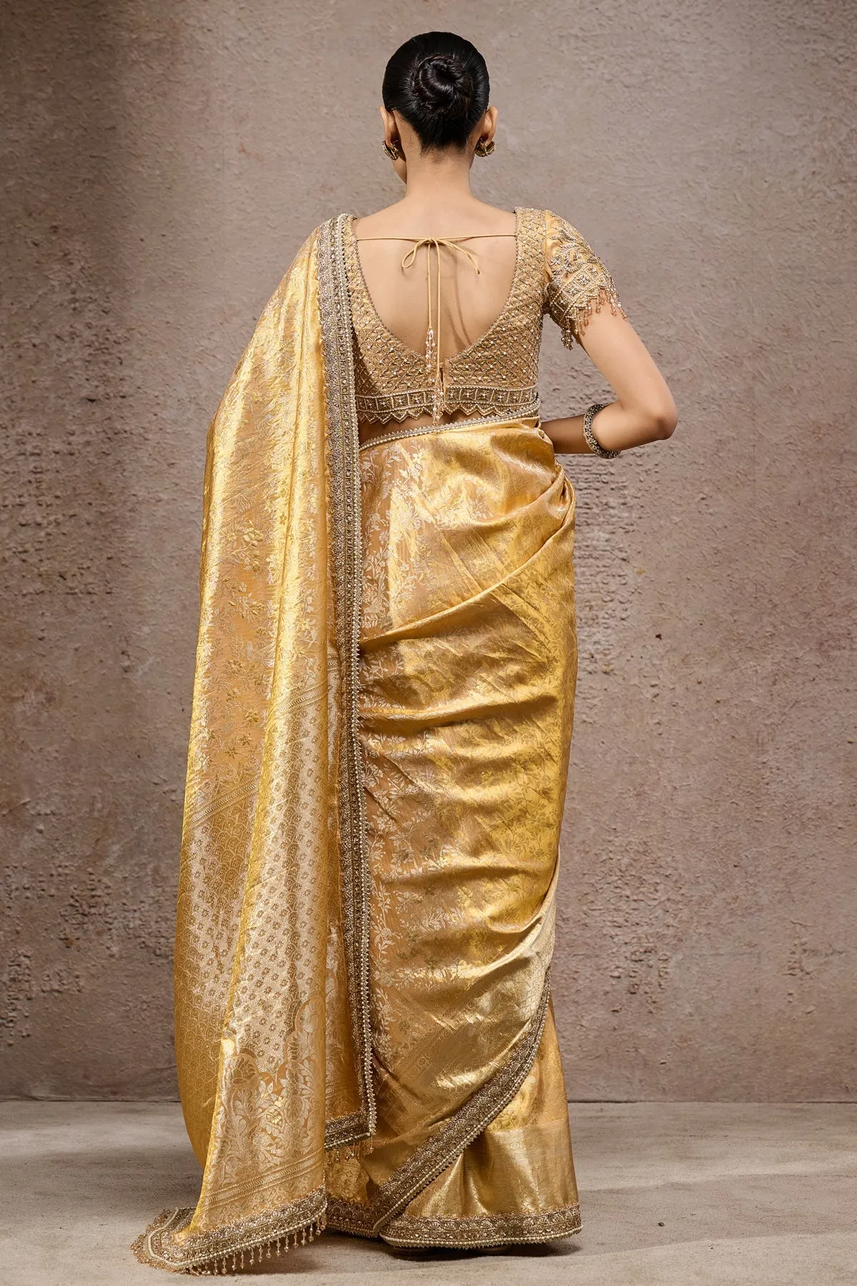 Golden Banarasi Silk Sari with Embellished Blouse
