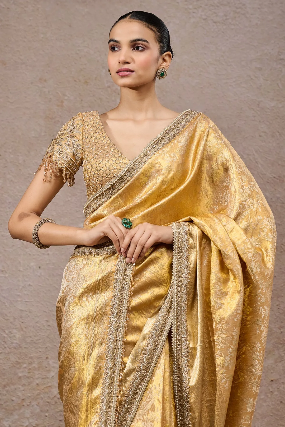 Golden Banarasi Silk Sari with Embellished Blouse