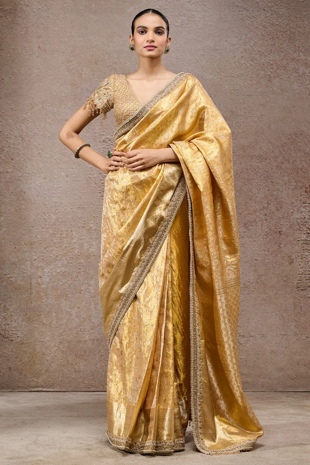 Golden Banarasi Silk Sari with Embellished Blouse