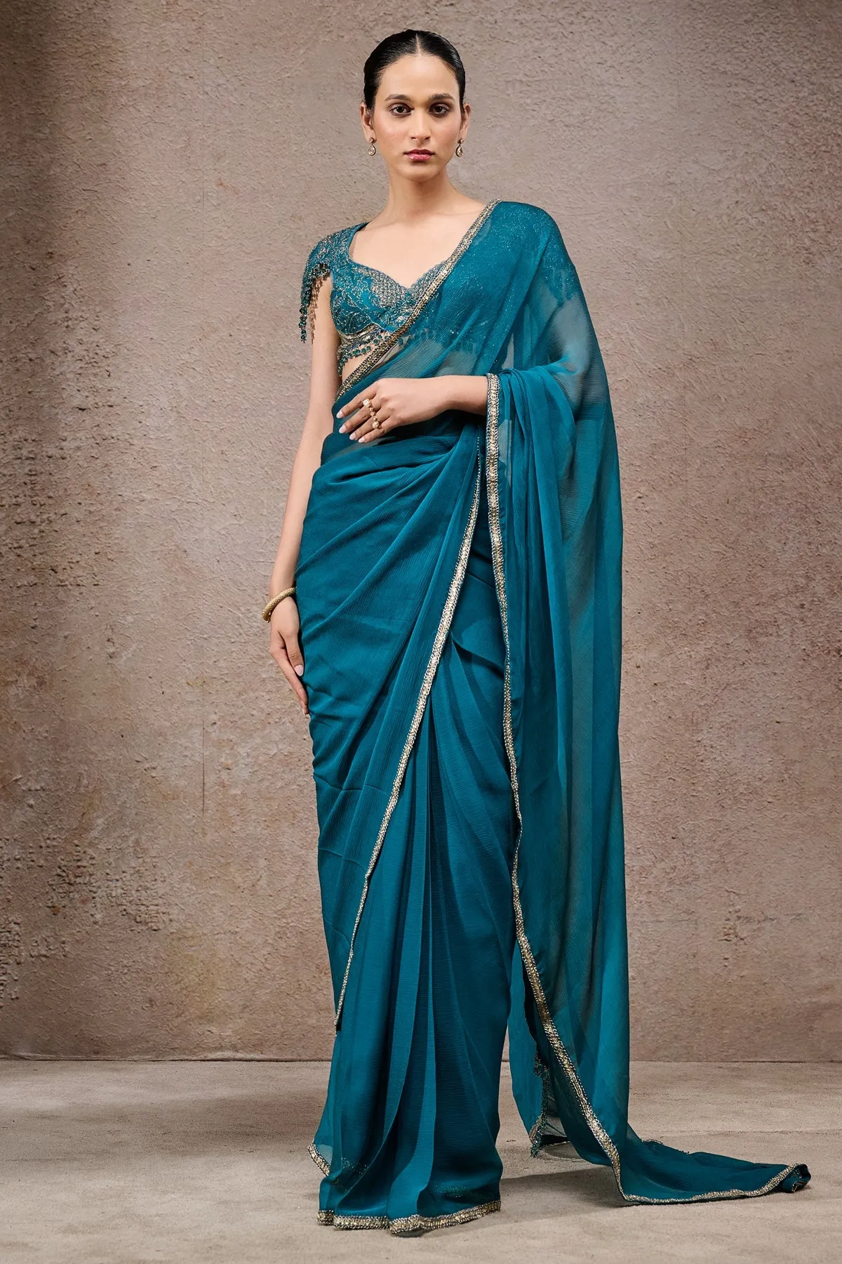 Teal Embellished Chiffon Sari