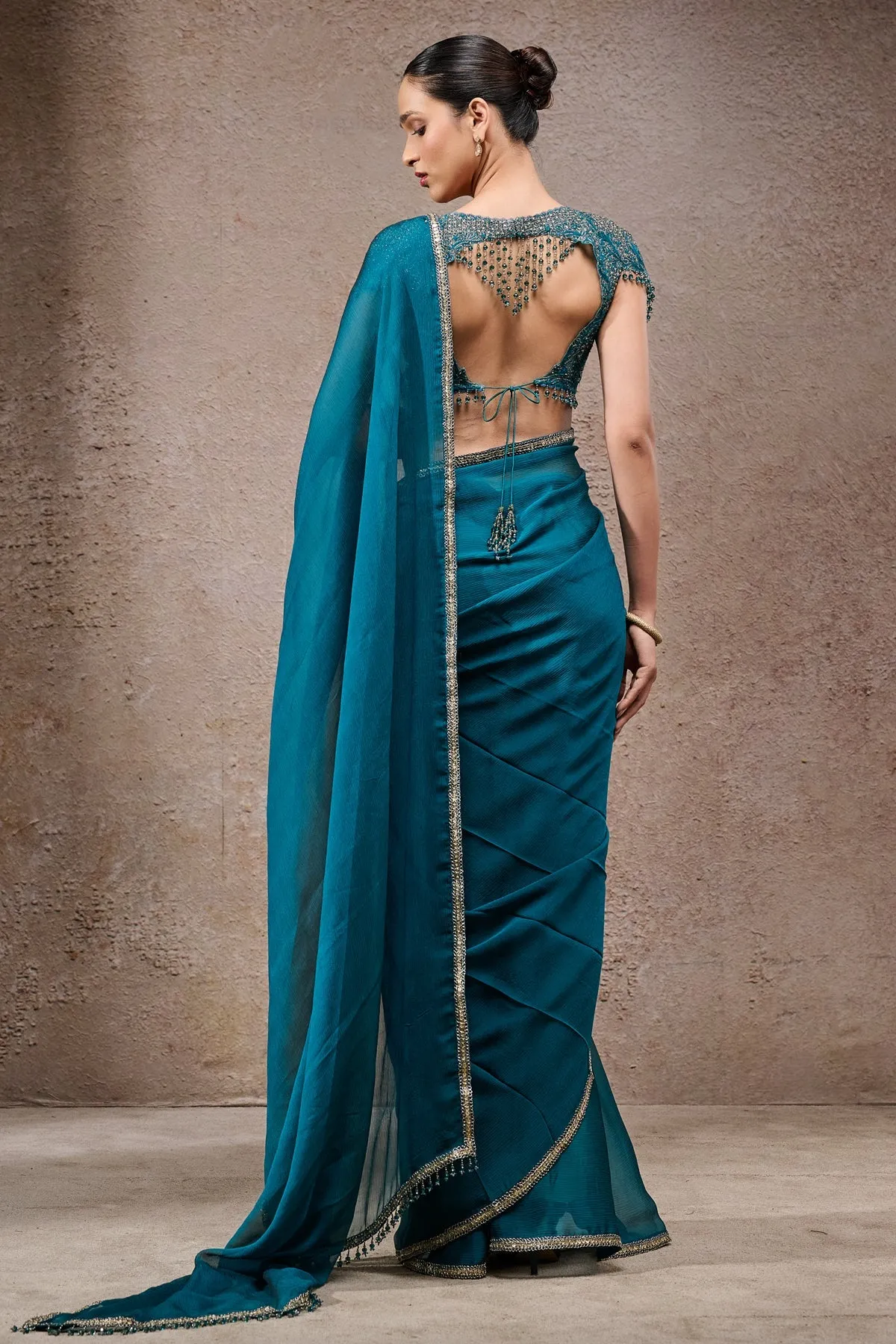 Teal Embellished Chiffon Sari