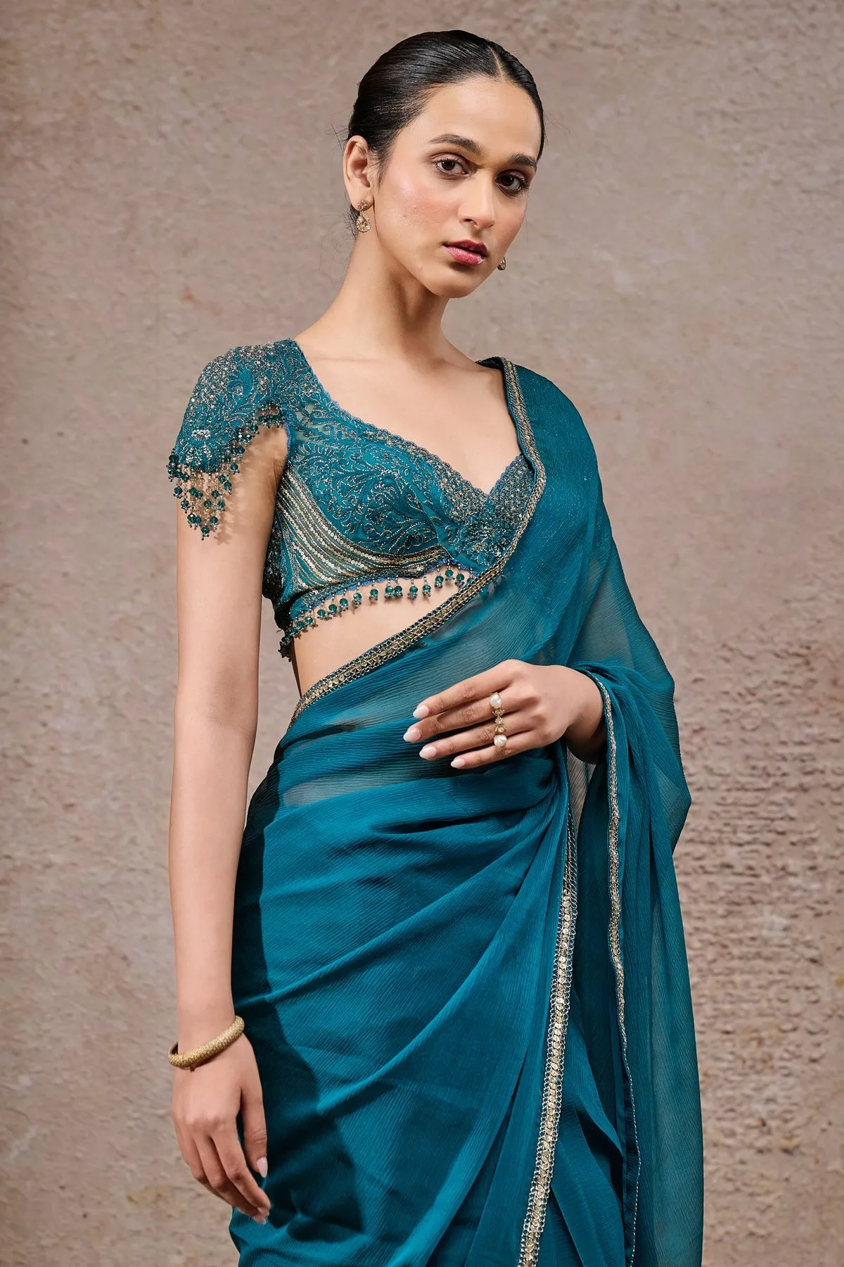 Teal Embellished Chiffon Sari