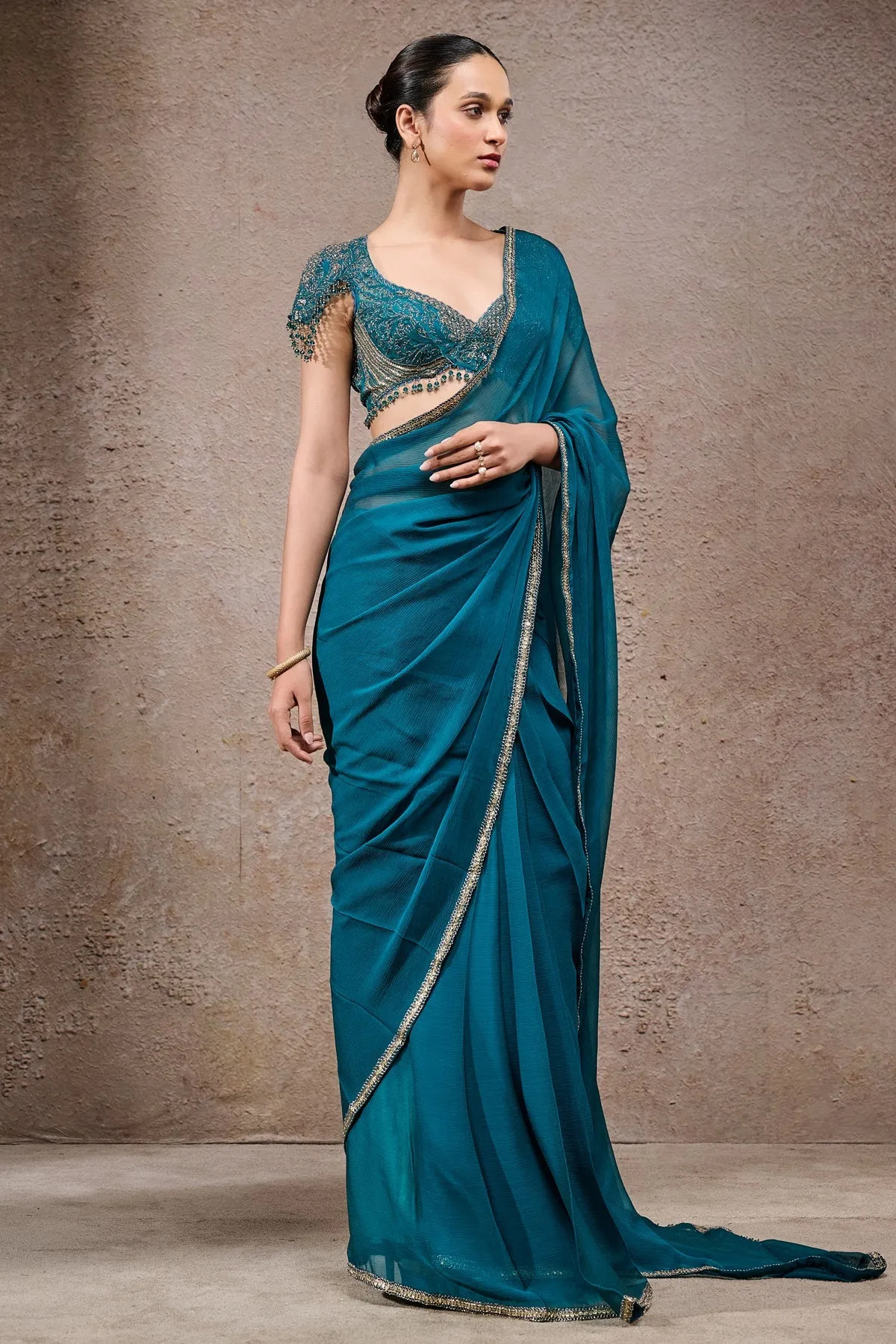 Teal Embellished Chiffon Sari