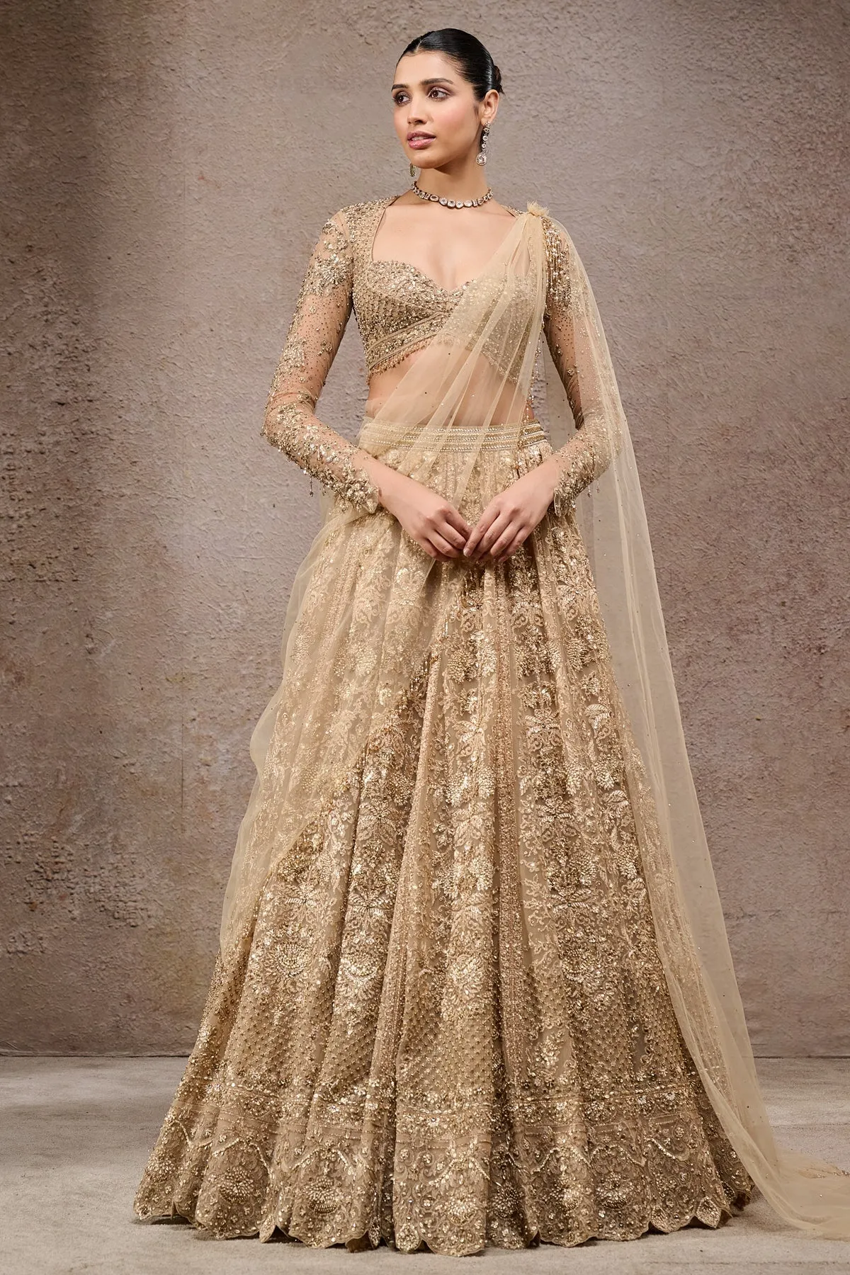 Golden Embellished Lehenga with Sheer Dupatta