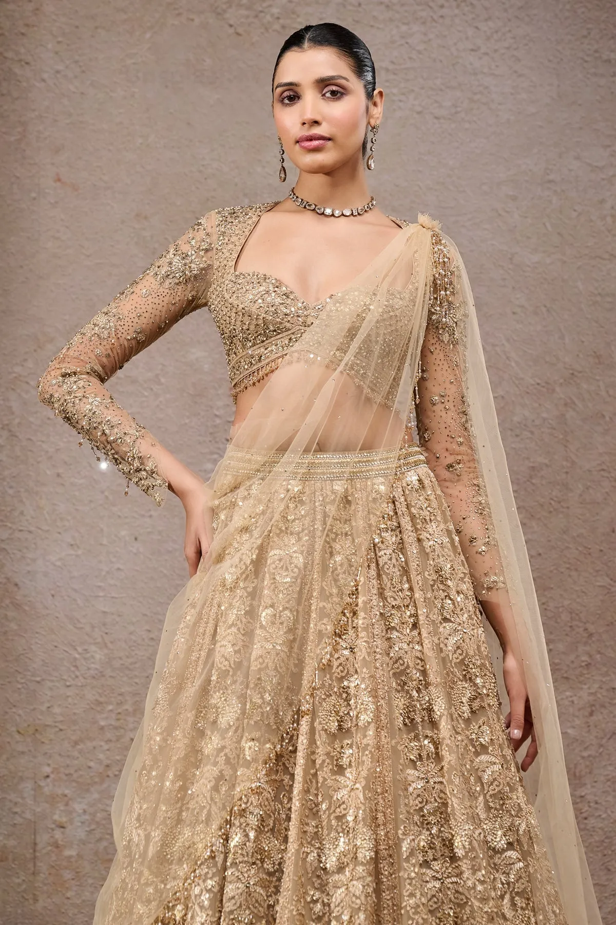 Golden Embellished Lehenga with Sheer Dupatta