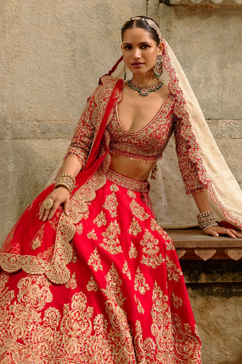 Red Bridal Lehenga with Gold Zari Embroidery