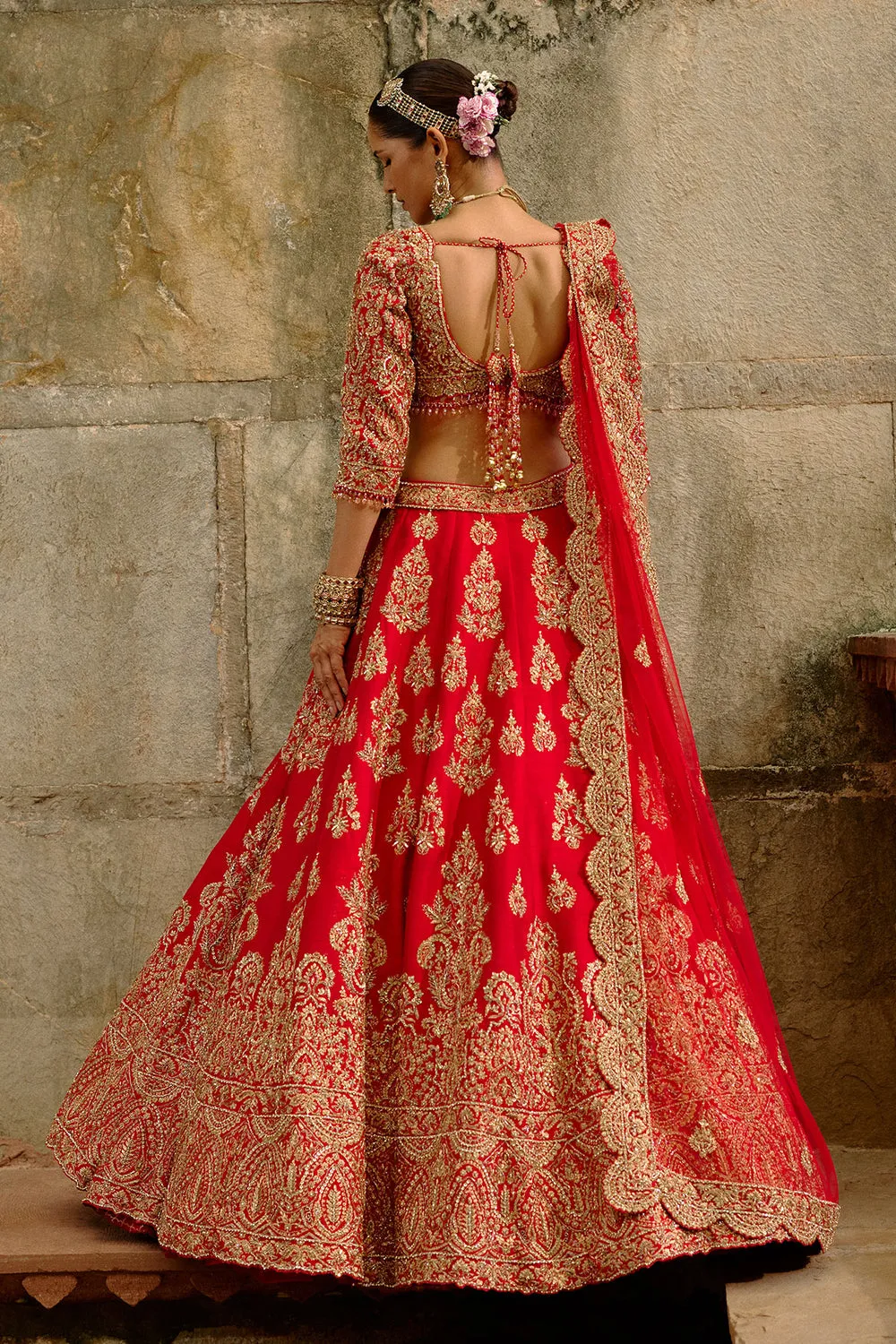 Red Bridal Lehenga with Gold Zari Embroidery