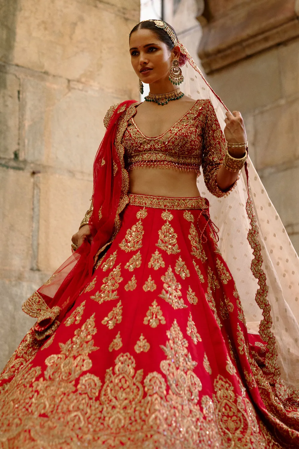 Red Bridal Lehenga with Gold Zari Embroidery