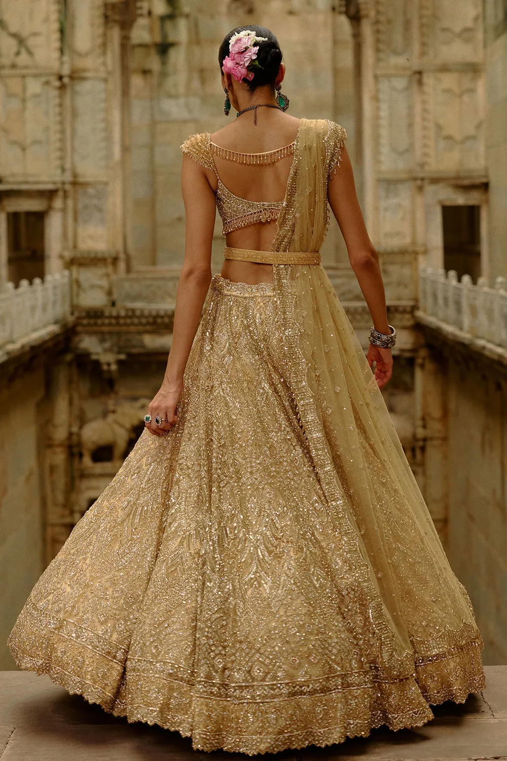 Gold Embellished Bridal Lehenga with Sheer Dupatta