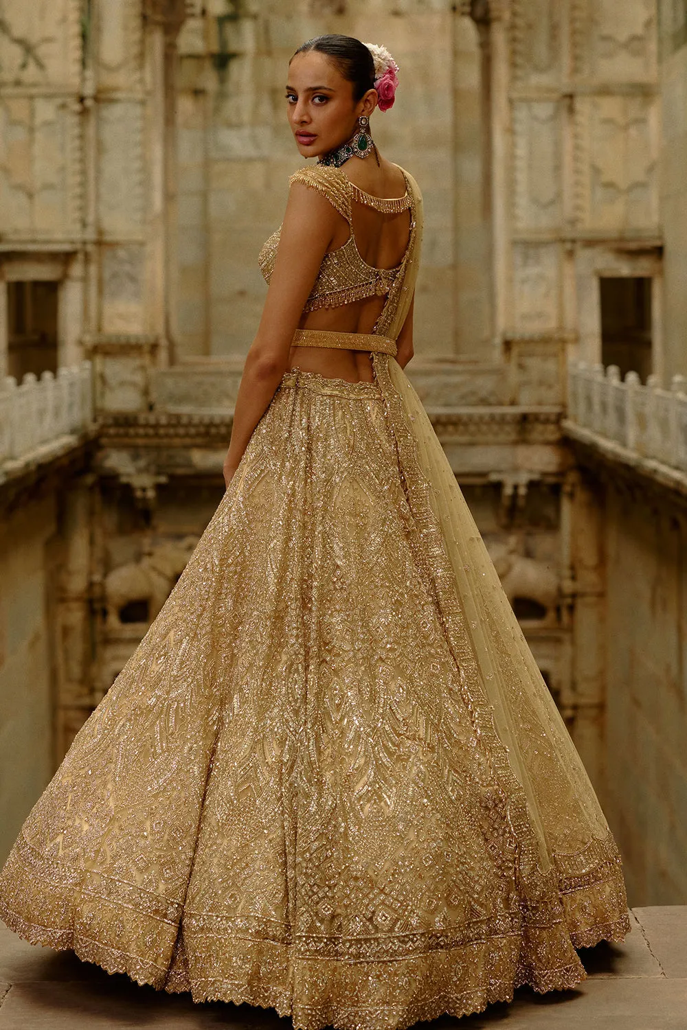 Gold Embellished Bridal Lehenga with Sheer Dupatta