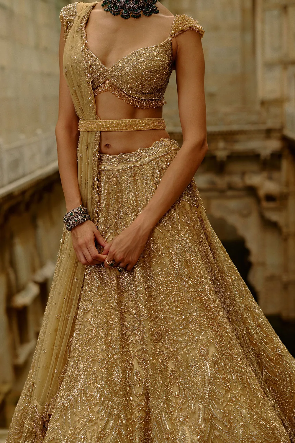 Gold Embellished Bridal Lehenga with Sheer Dupatta