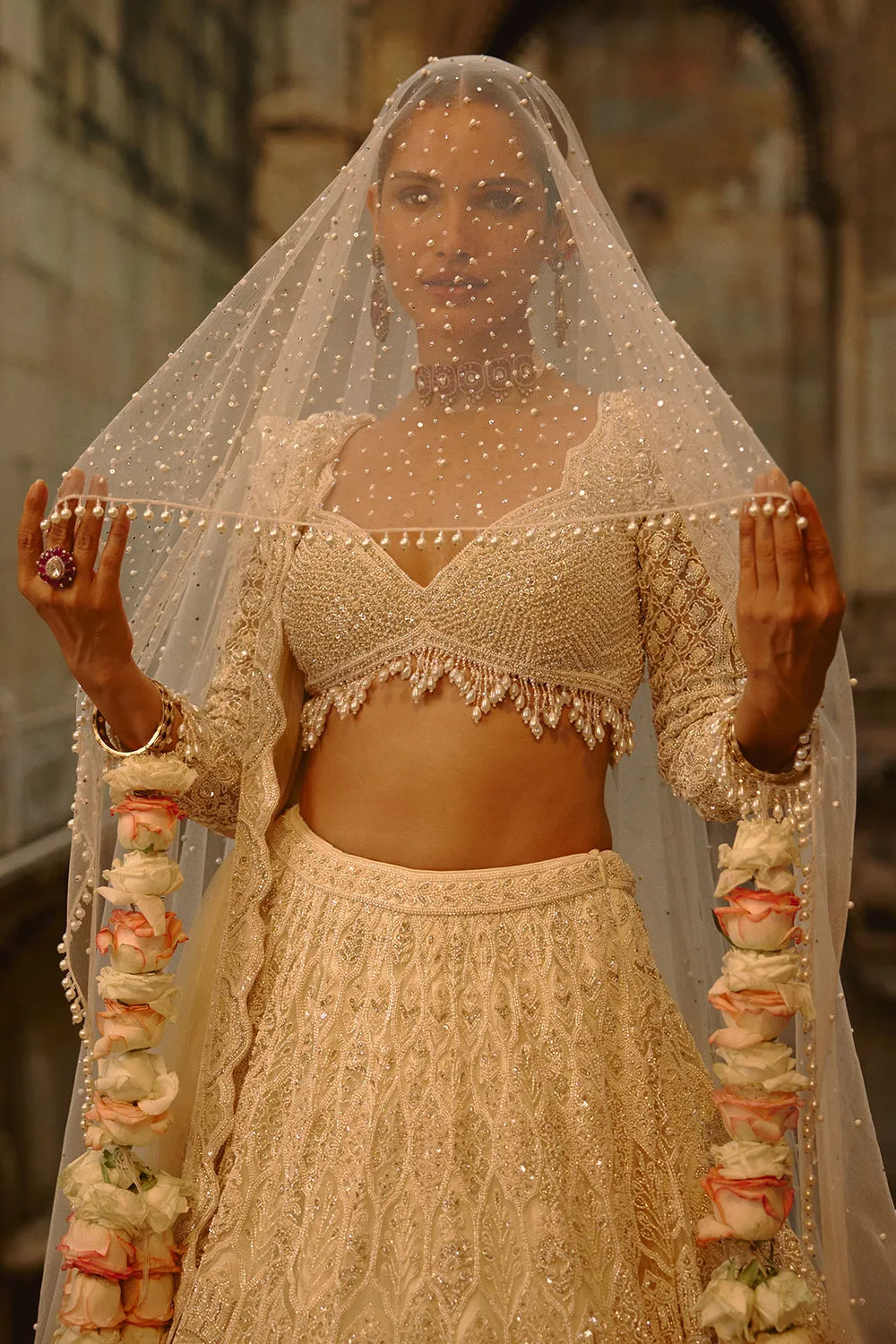 Ivory Embellished Bridal Lehenga with Veil Dupatta
