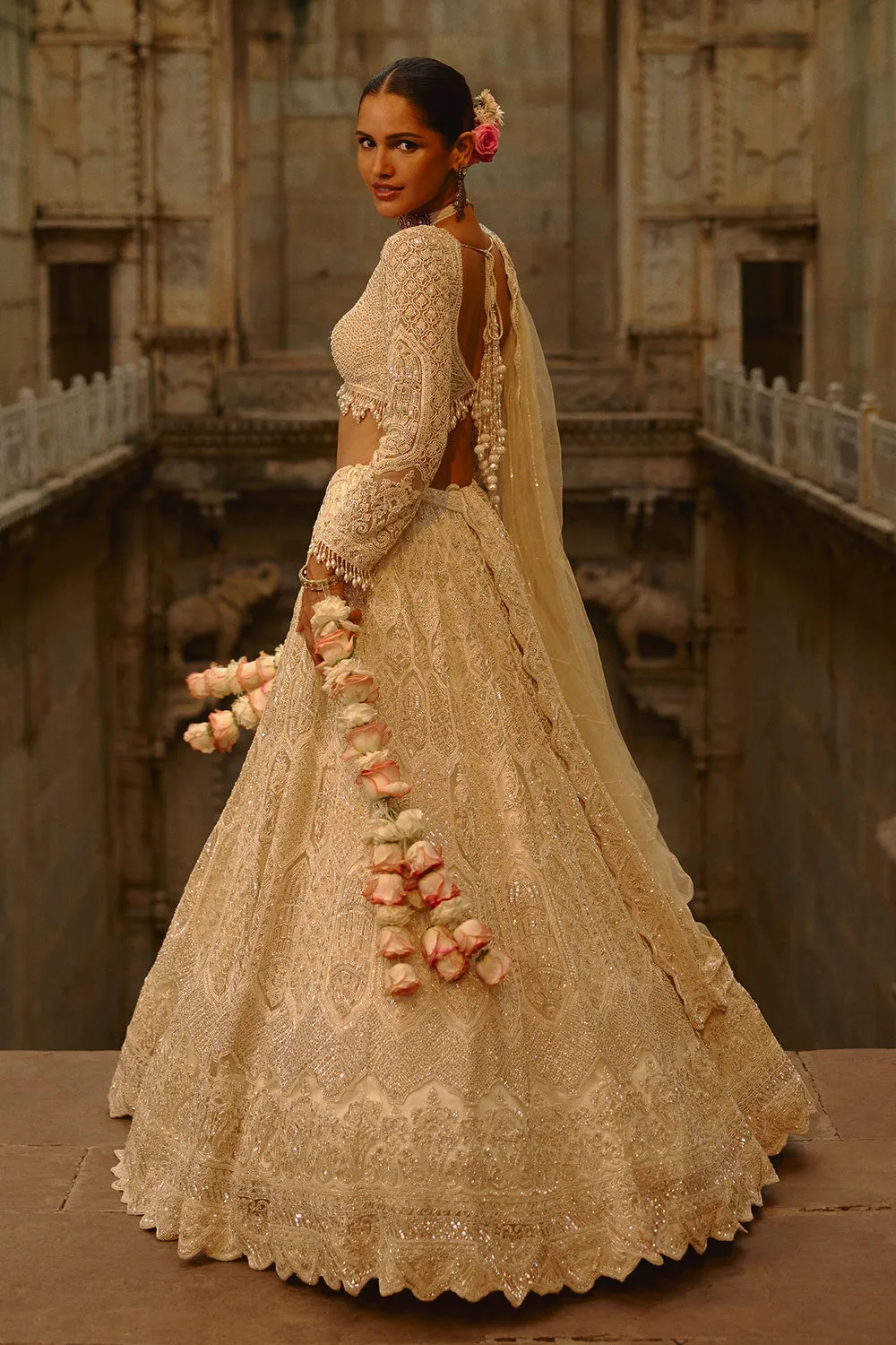 Ivory Embellished Bridal Lehenga with Veil Dupatta