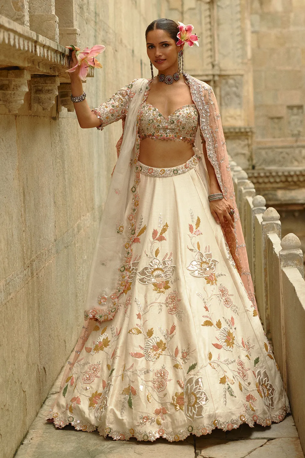 Ivory Floral Embroidered Bridal Lehenga with Pastel Accents