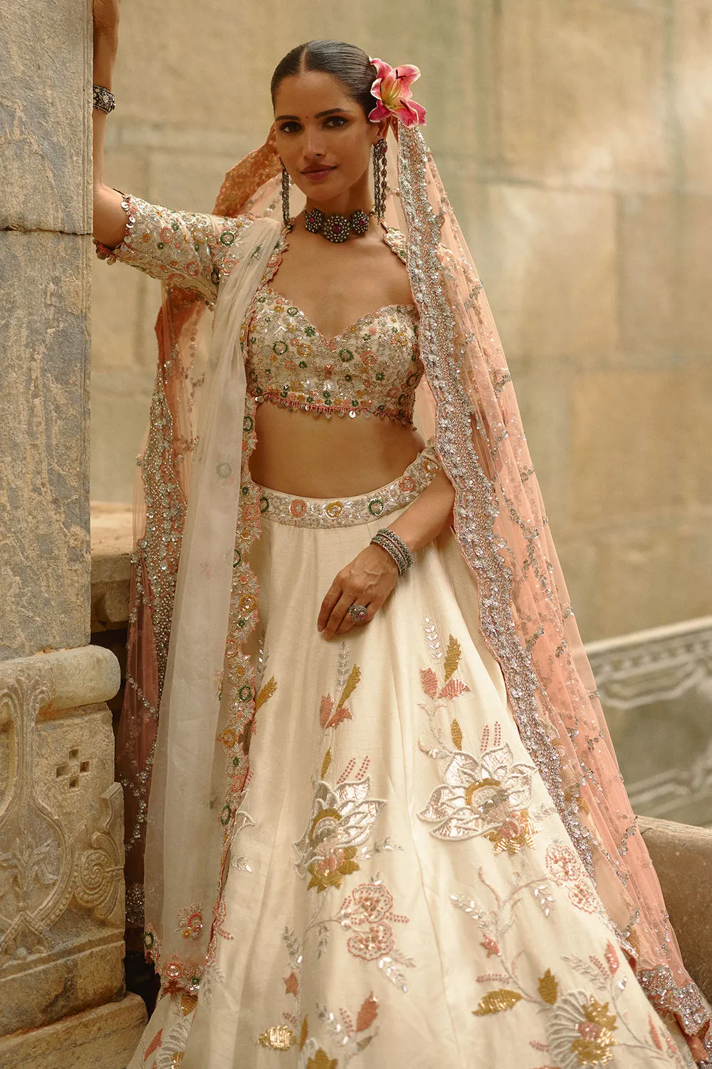 Ivory Floral Embroidered Bridal Lehenga with Pastel Accents