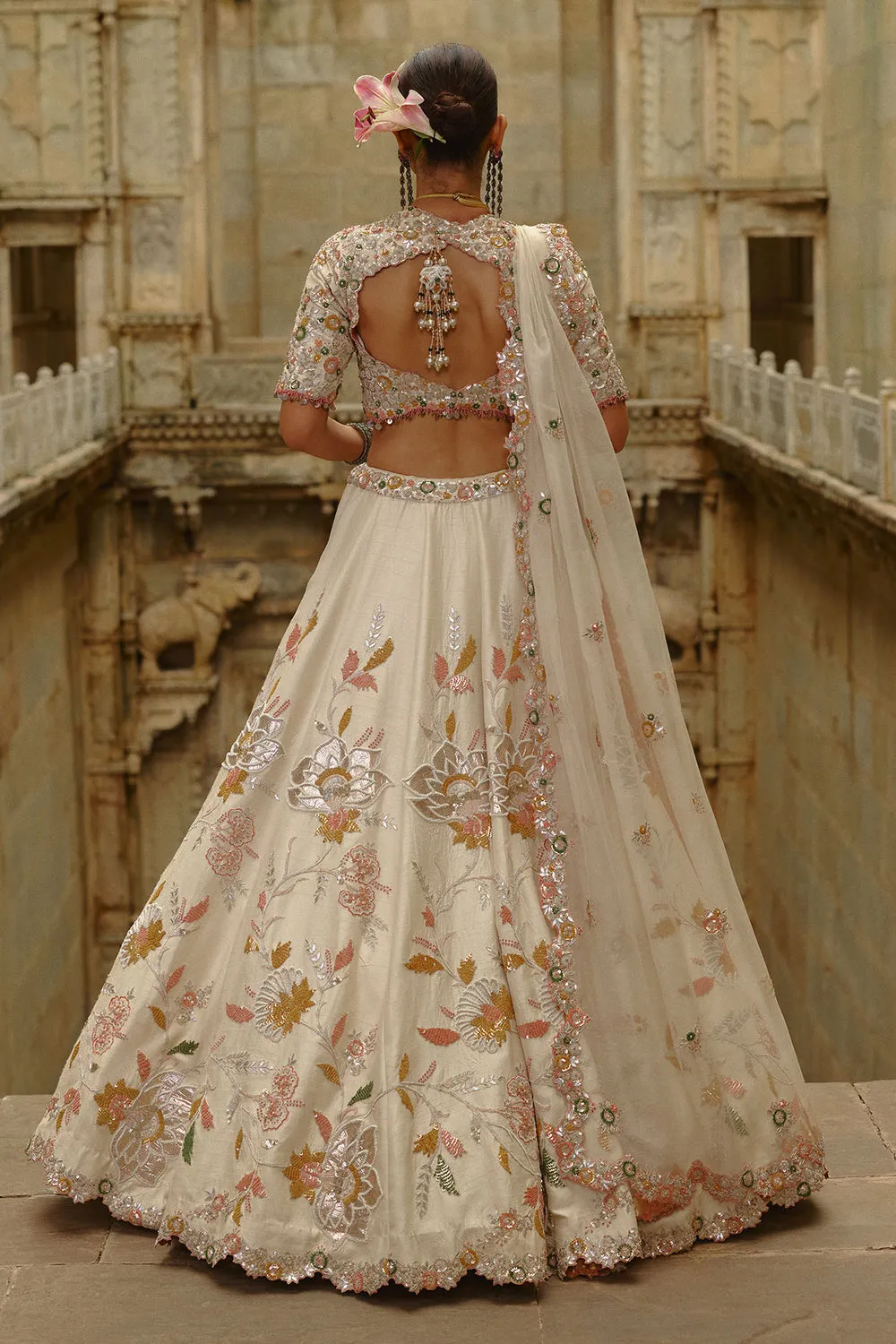 Ivory Floral Embroidered Bridal Lehenga with Pastel Accents