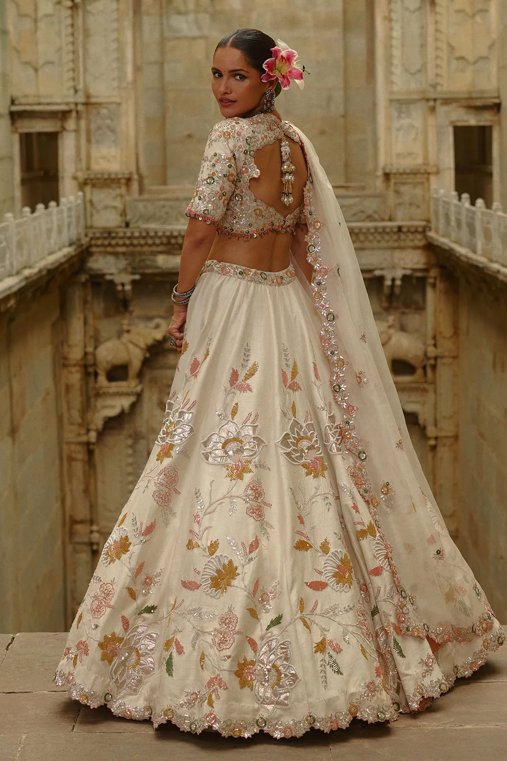 Ivory Floral Embroidered Bridal Lehenga with Pastel Accents