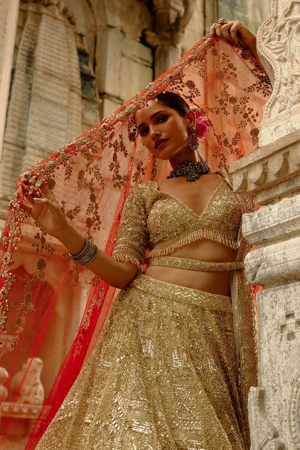 Gold Embroidered Bridal Lehenga with Red Veil Dupatta