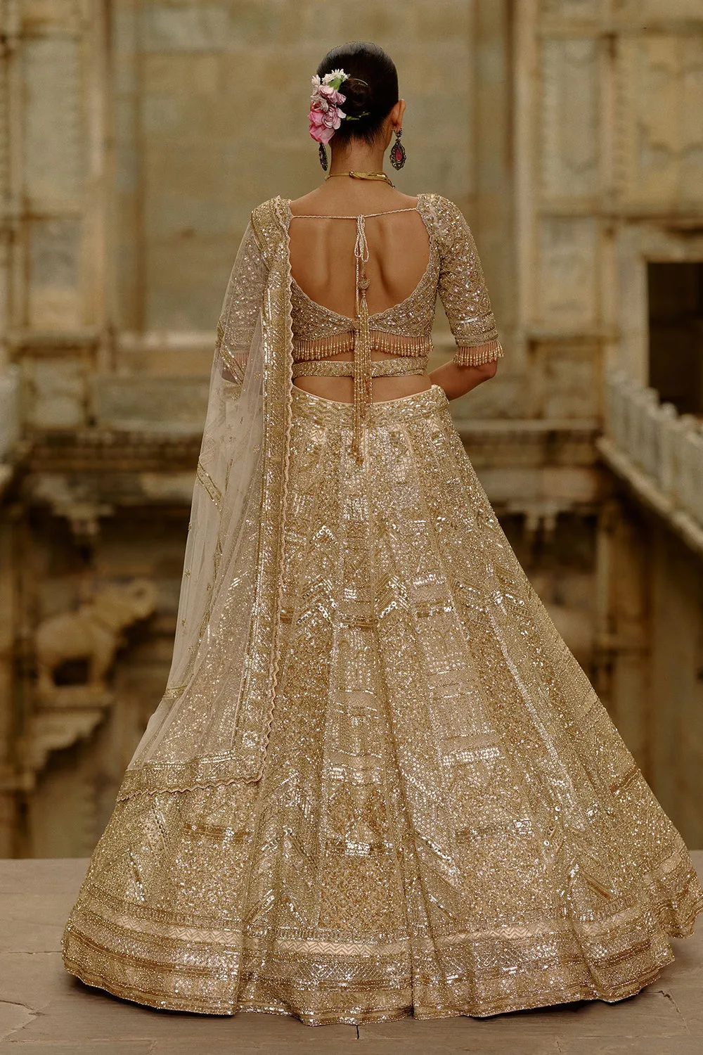 Gold Embroidered Bridal Lehenga with Red Veil Dupatta