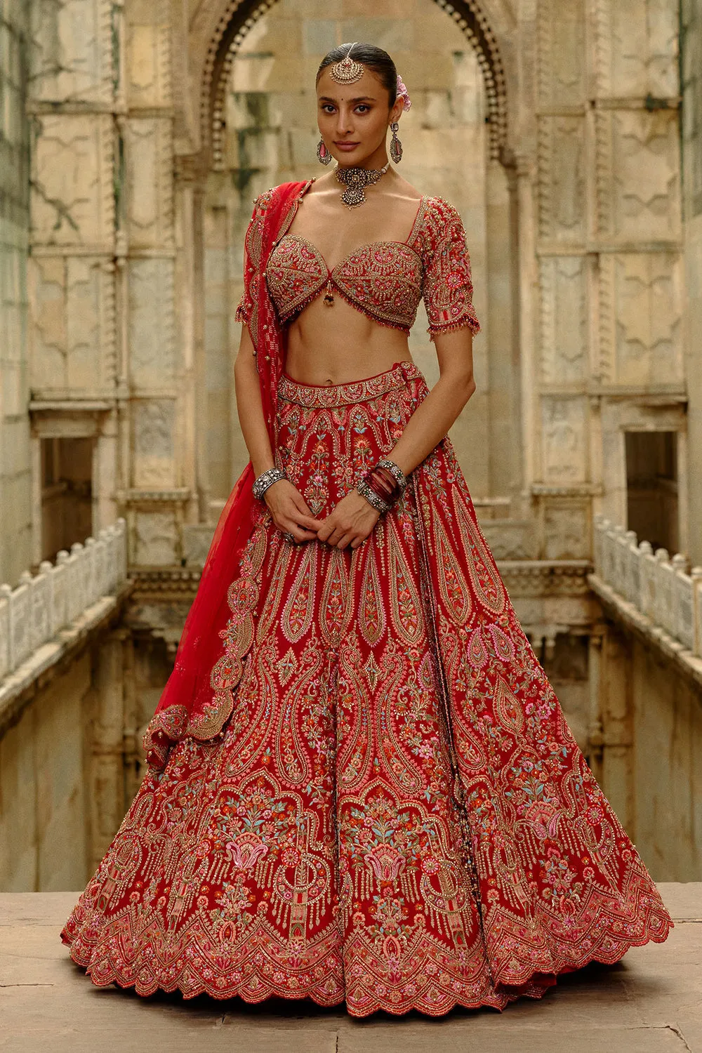 Red Multicolor Embroidered Bridal Lehenga