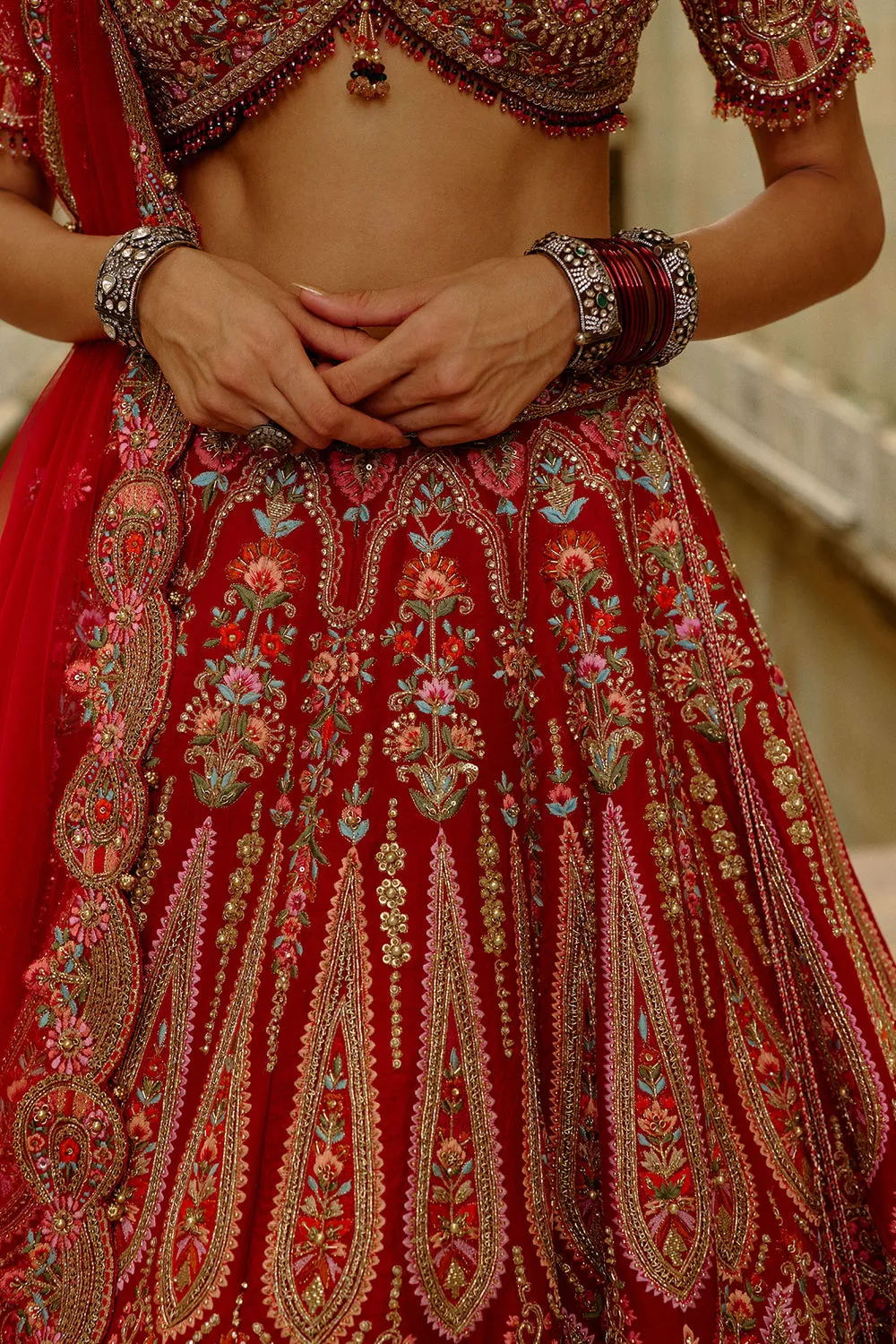 Red Multicolor Embroidered Bridal Lehenga