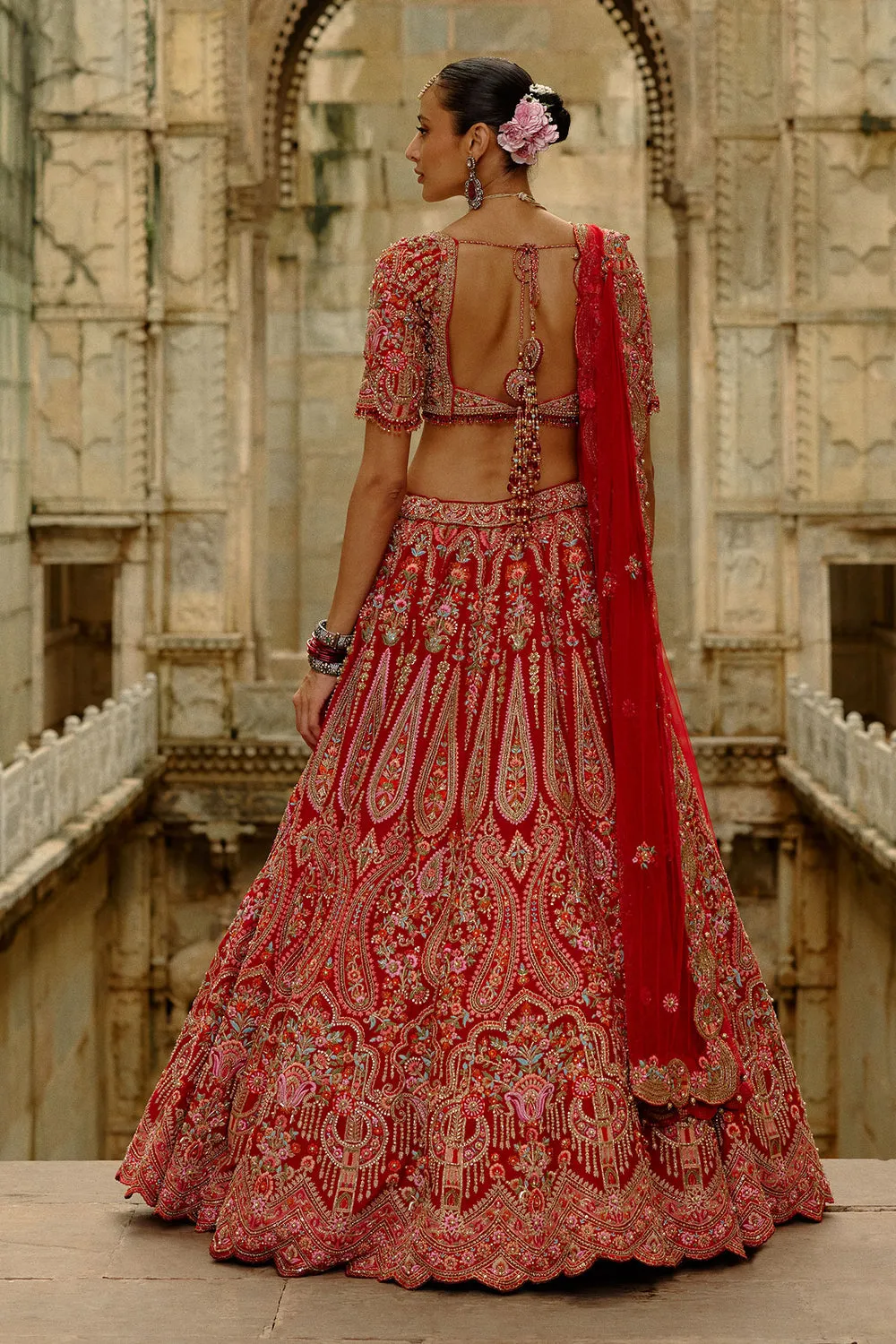 Red Multicolor Embroidered Bridal Lehenga