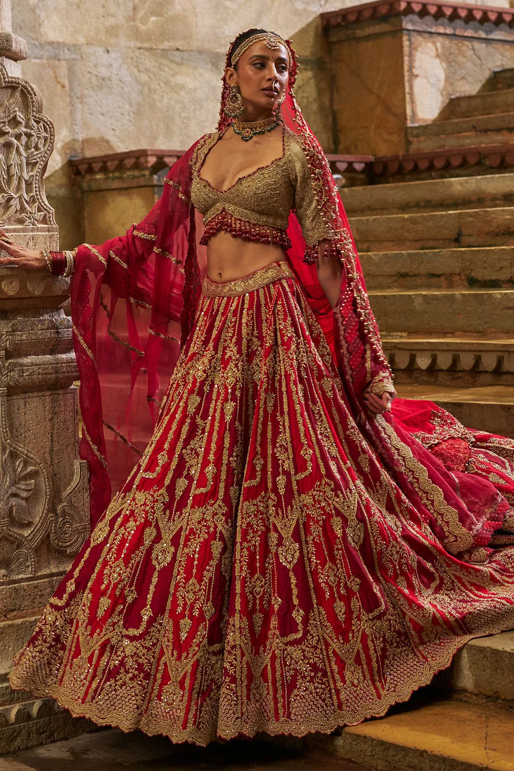 Red and Gold Embroidered Bridal Lehenga