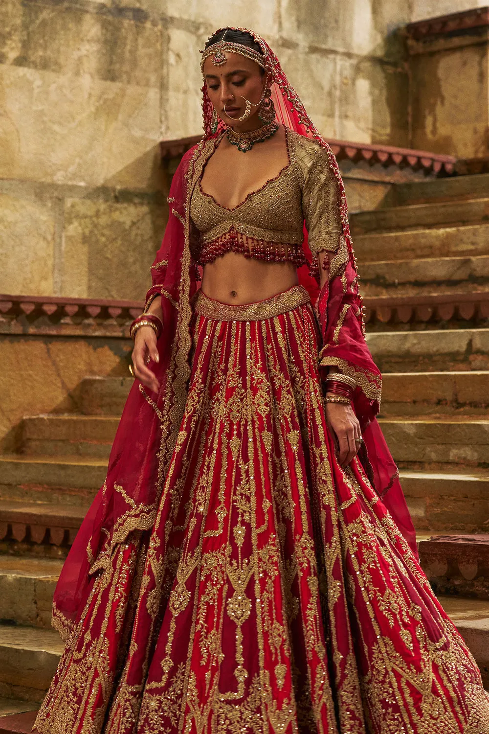 Red and Gold Embroidered Bridal Lehenga