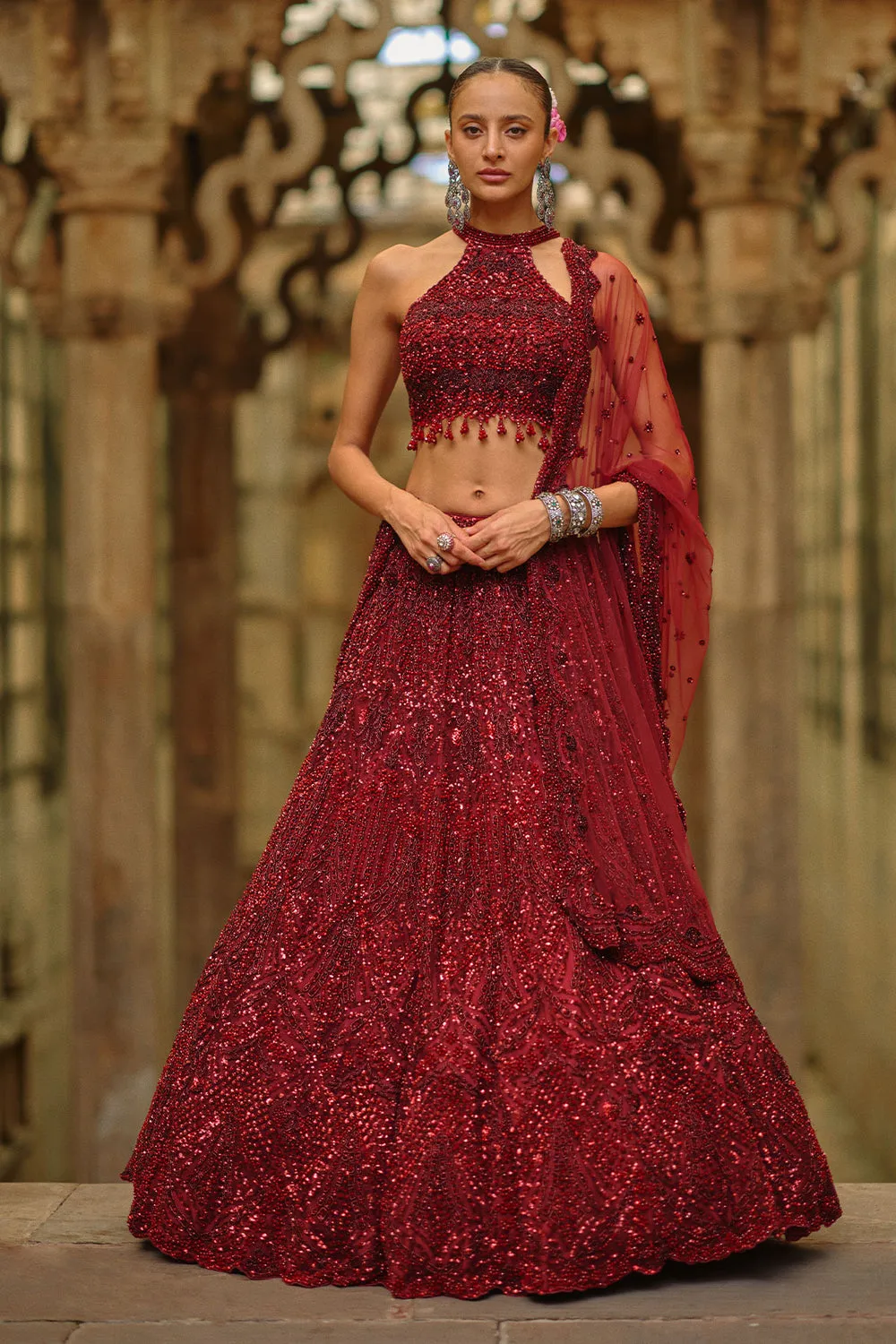 Deep Red Sequined Lehenga with Halter Blouse