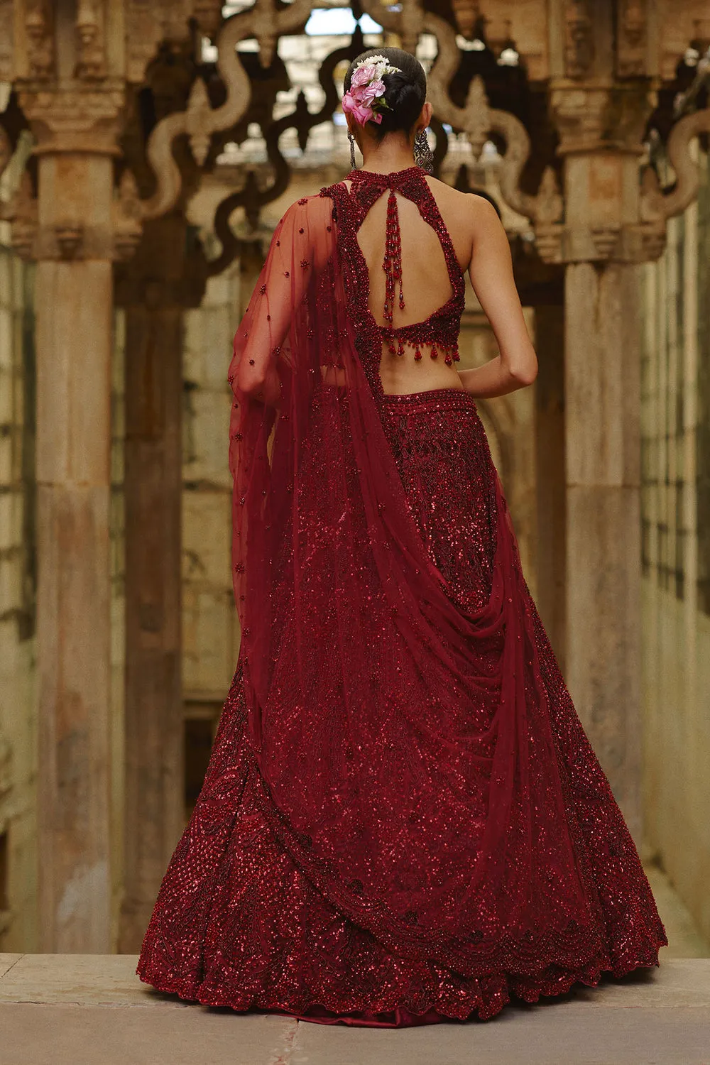 Deep Red Sequined Lehenga with Halter Blouse