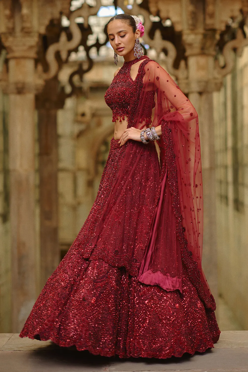 Deep Red Sequined Lehenga with Halter Blouse