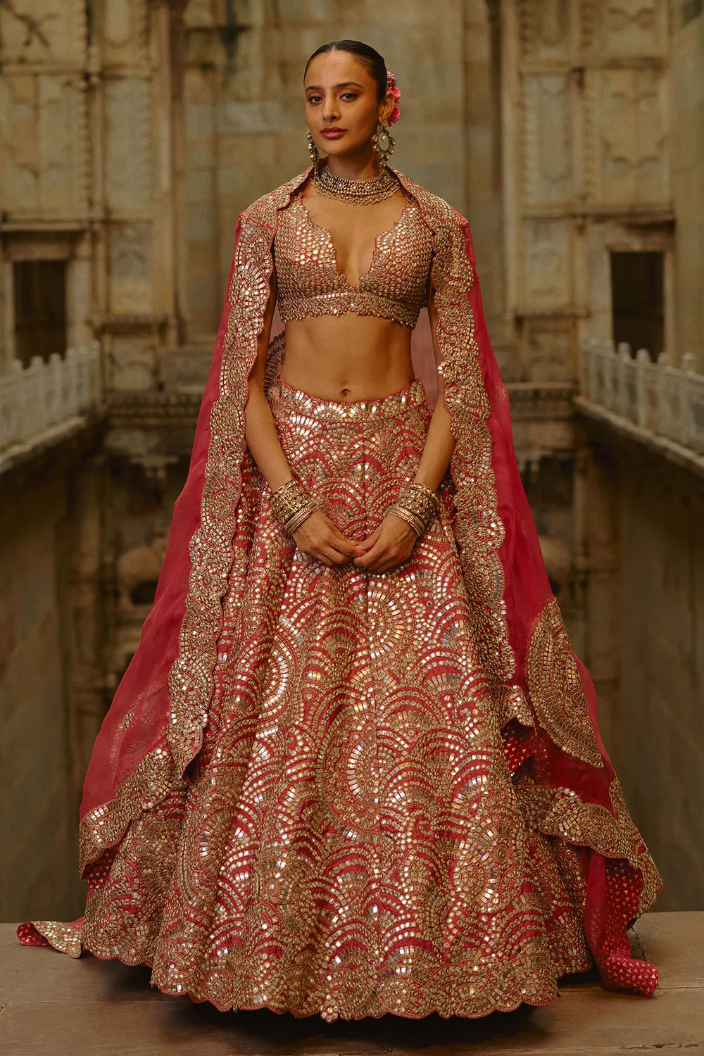 Rose Gold Mirror Work Lehenga with Deep-Cut Blouse