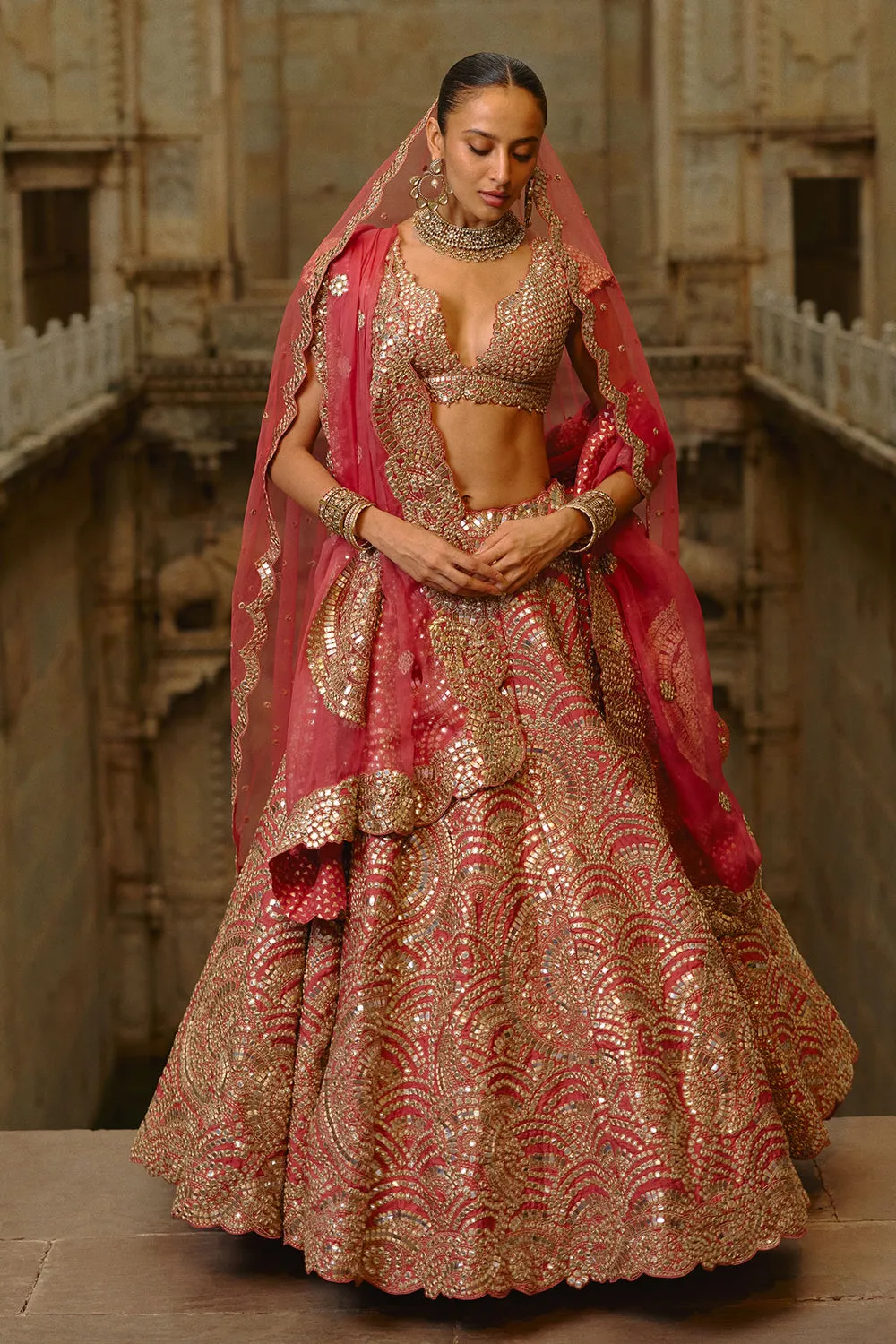 Rose Gold Mirror Work Lehenga with Deep-Cut Blouse
