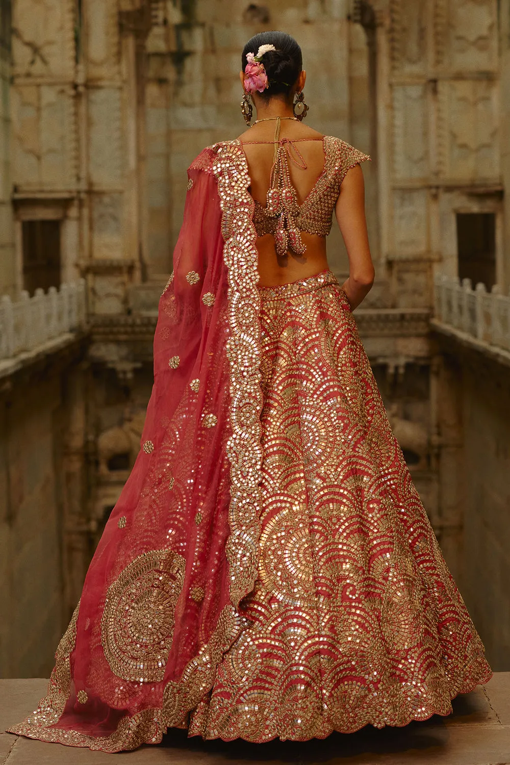 Rose Gold Mirror Work Lehenga with Deep-Cut Blouse