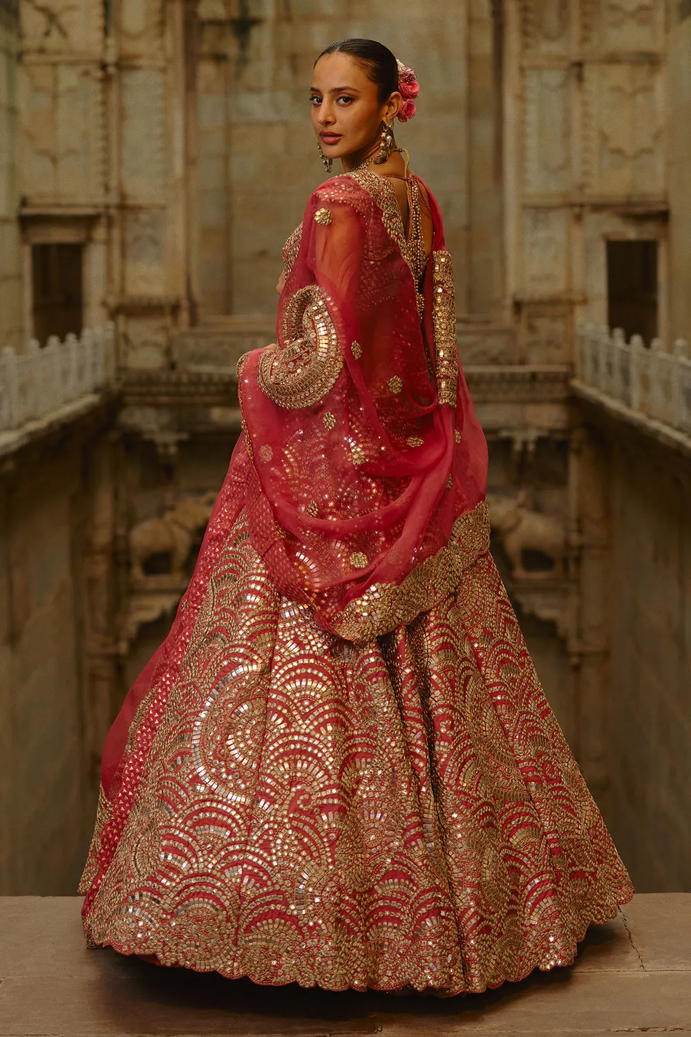 Rose Gold Mirror Work Lehenga with Deep-Cut Blouse