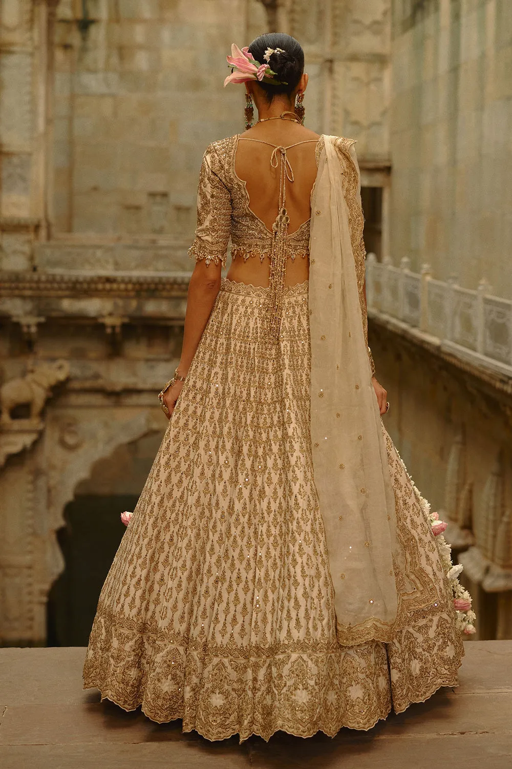 Ivory Gold Embroidered Bridal Lehenga with Sheer Veil