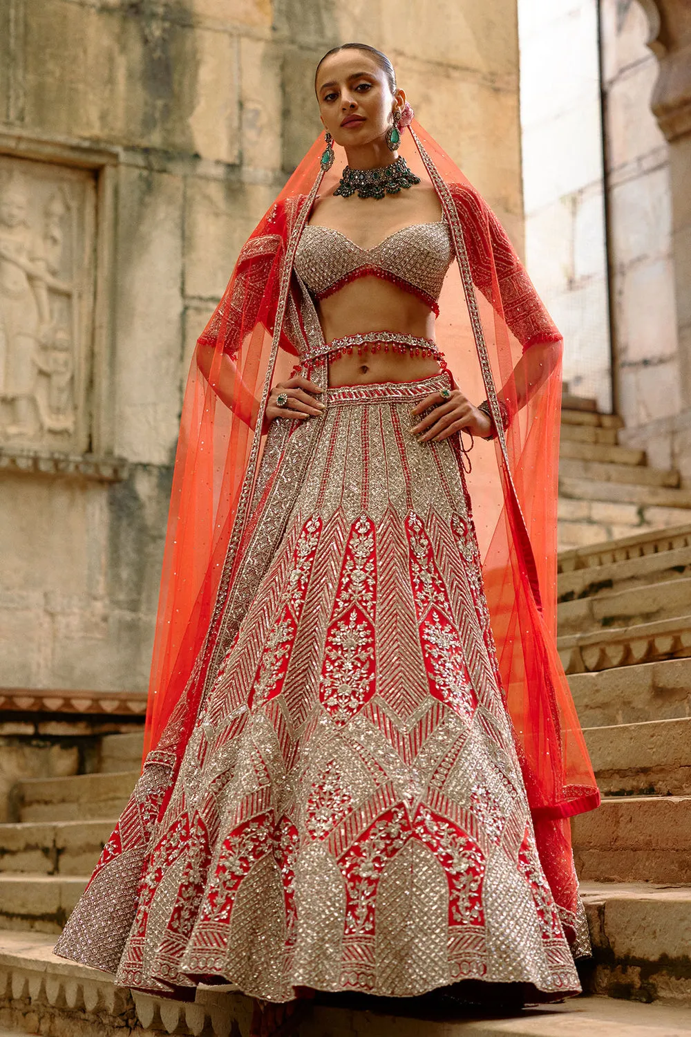 Silver and Red Heavy Embroidered Bridal Lehenga