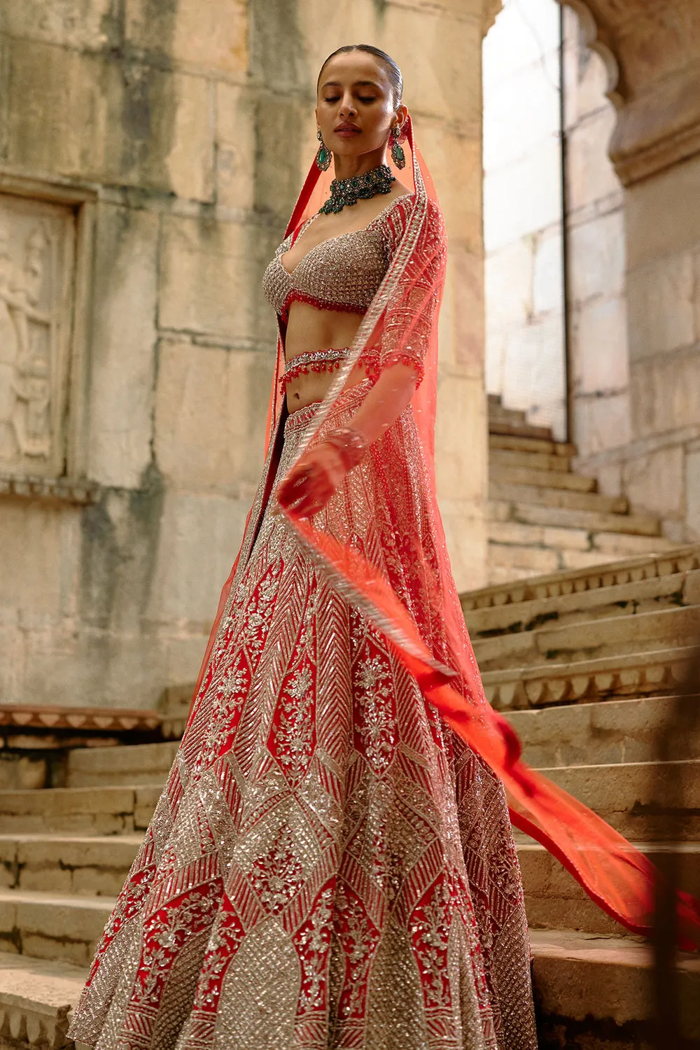 Silver and Red Heavy Embroidered Bridal Lehenga