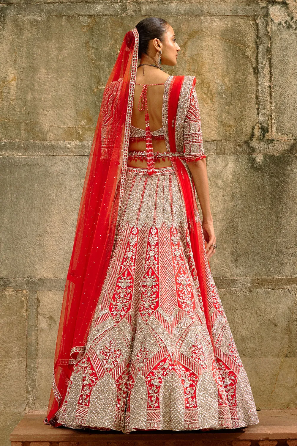Silver and Red Heavy Embroidered Bridal Lehenga