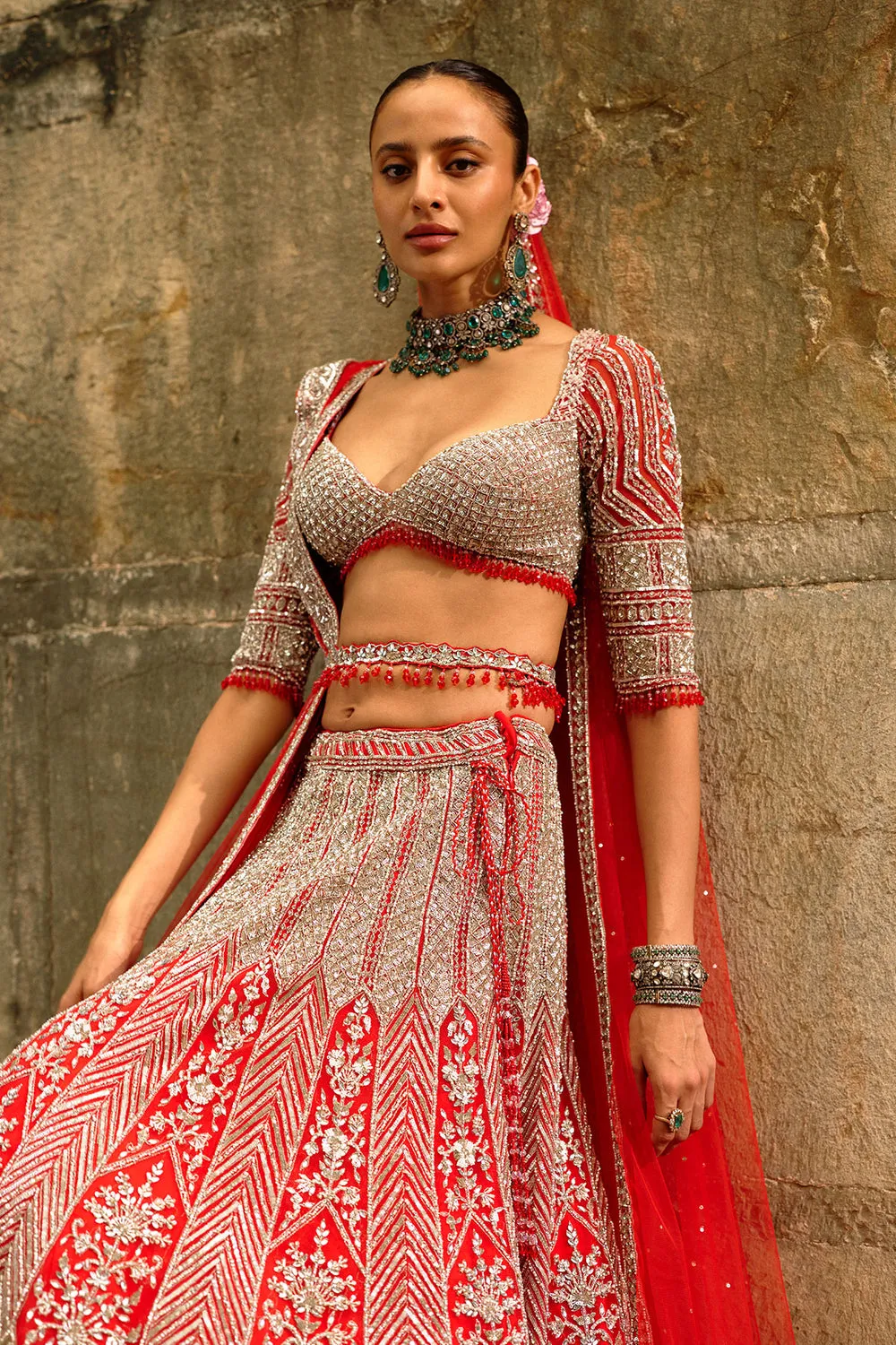 Silver and Red Heavy Embroidered Bridal Lehenga