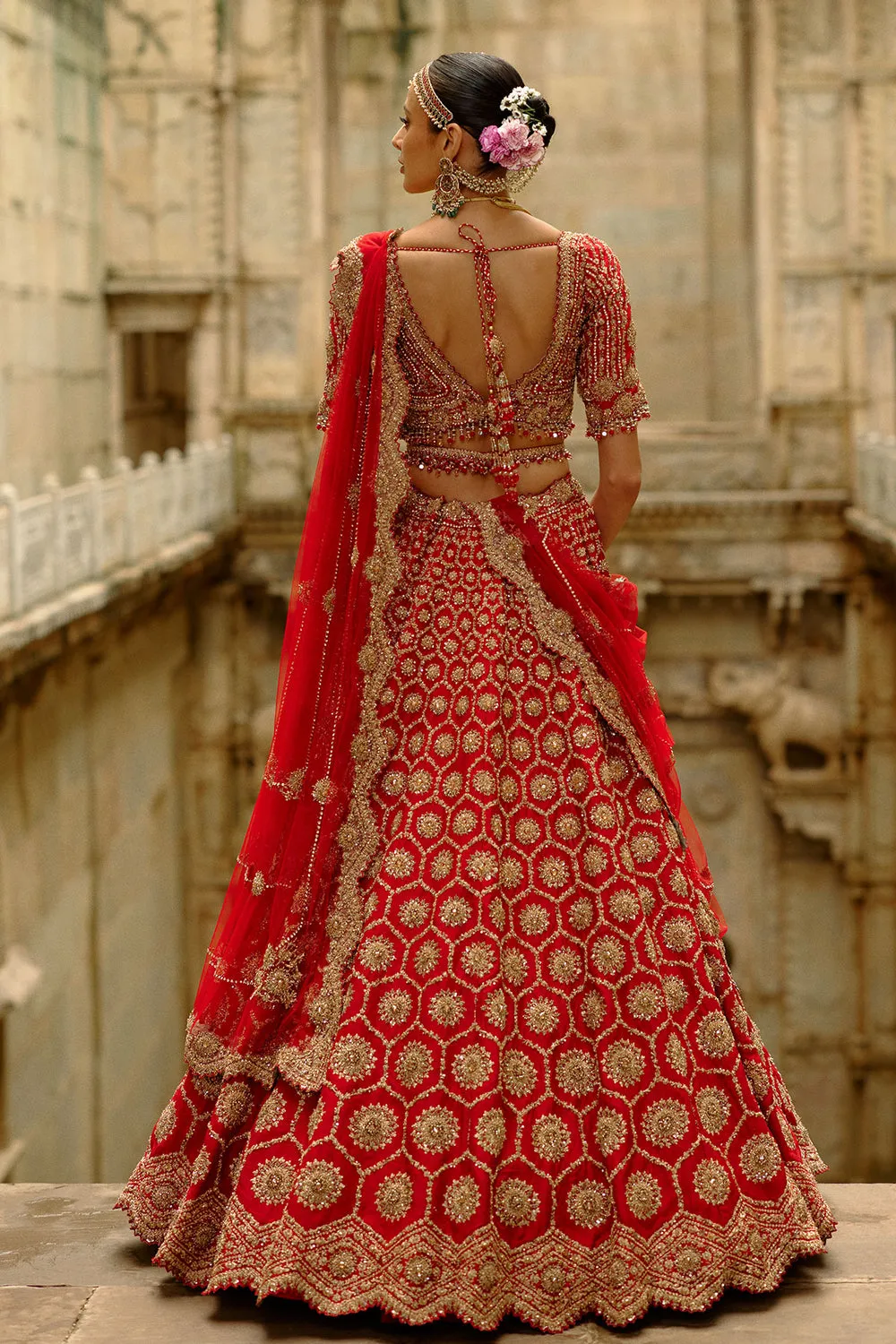 Red Geometric Motif Bridal Lehenga