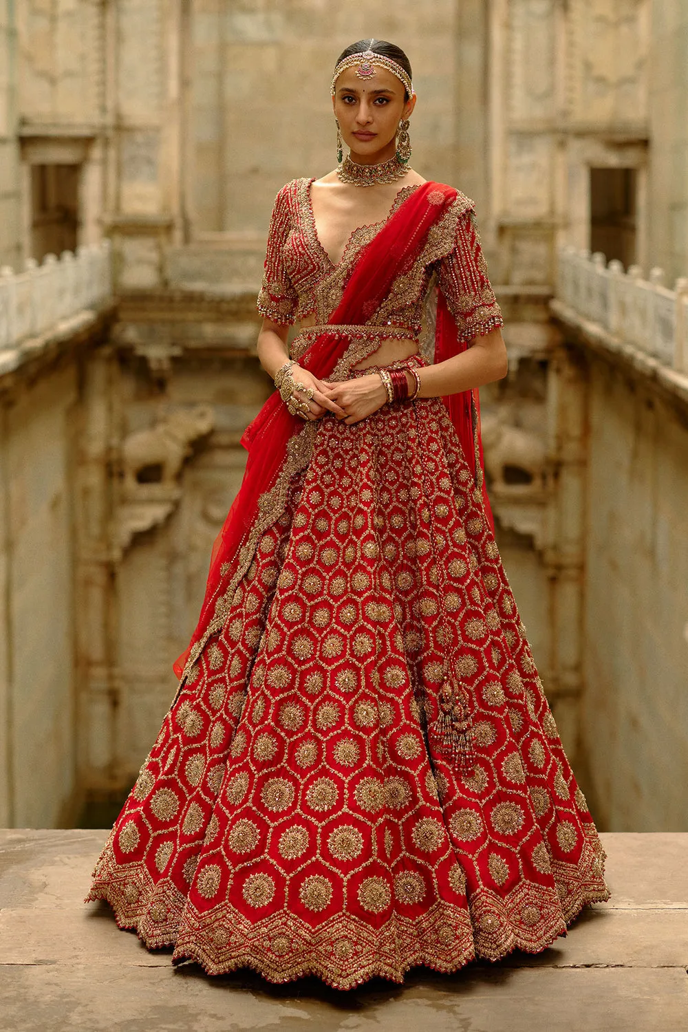Red Geometric Motif Bridal Lehenga