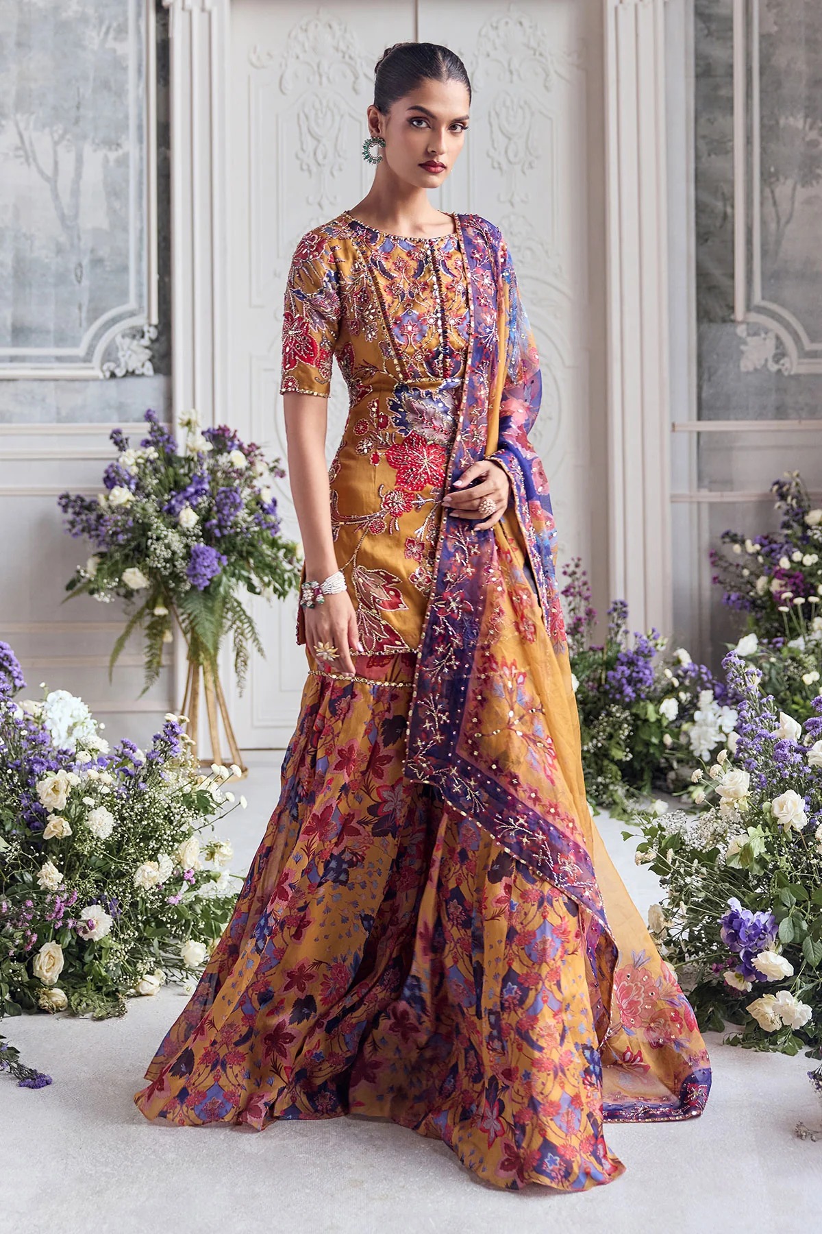 Mustard Floral Embroidered Sharara Set