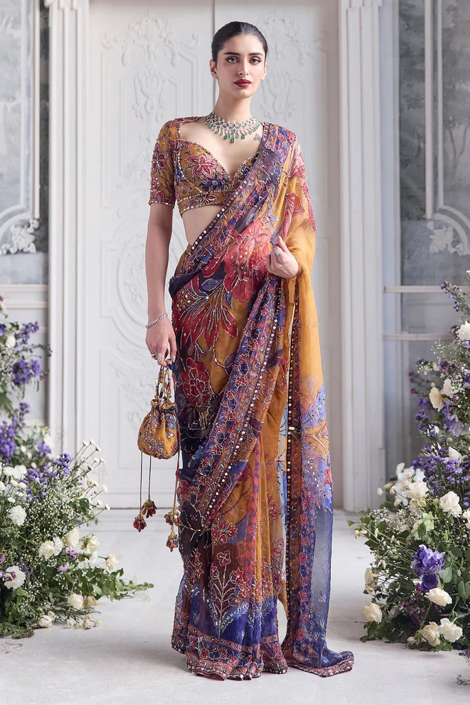 Mustard Floral Hand-Embroidered Sari