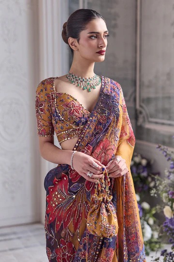 Mustard Floral Hand-Embroidered Sari