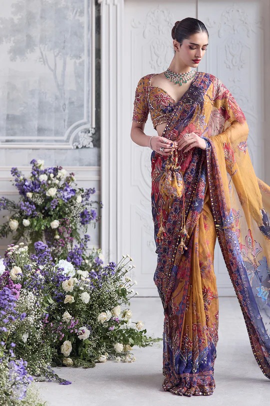 Mustard Floral Hand-Embroidered Sari