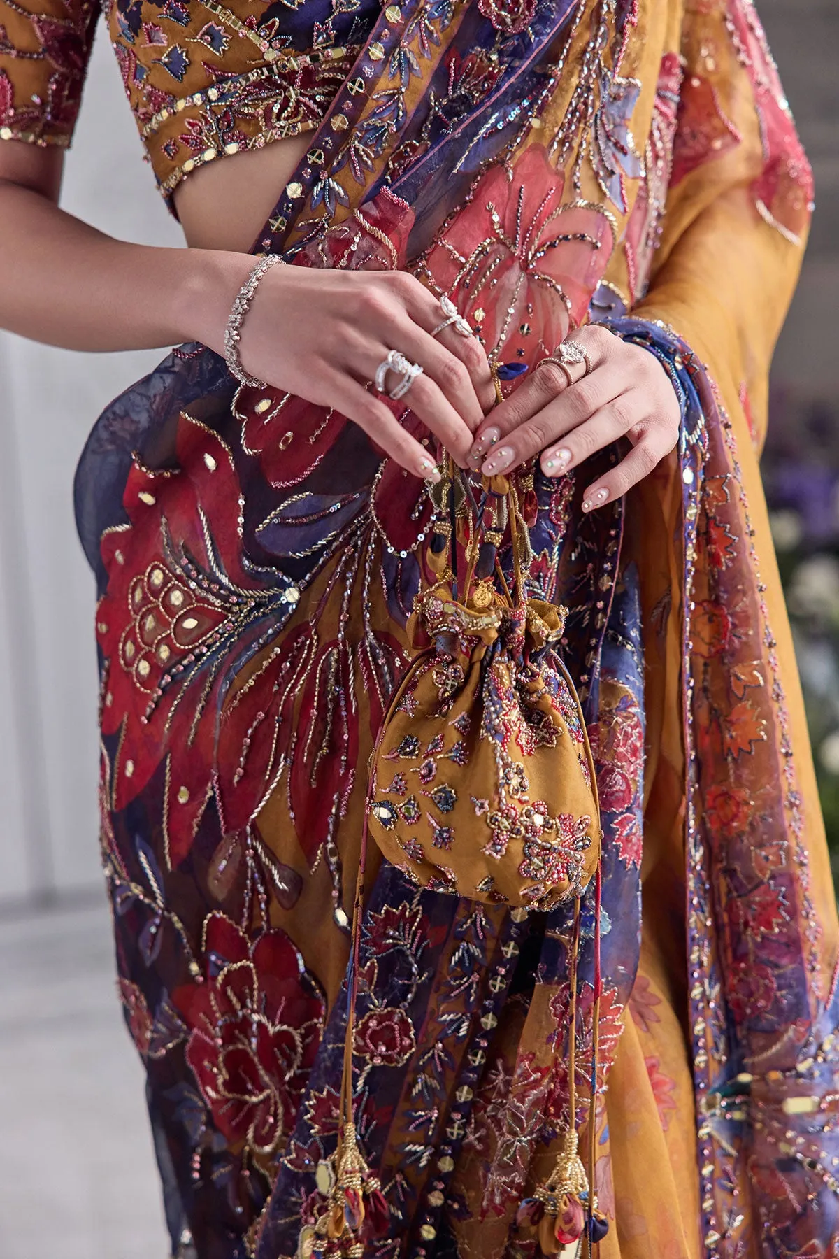Mustard Floral Hand-Embroidered Sari
