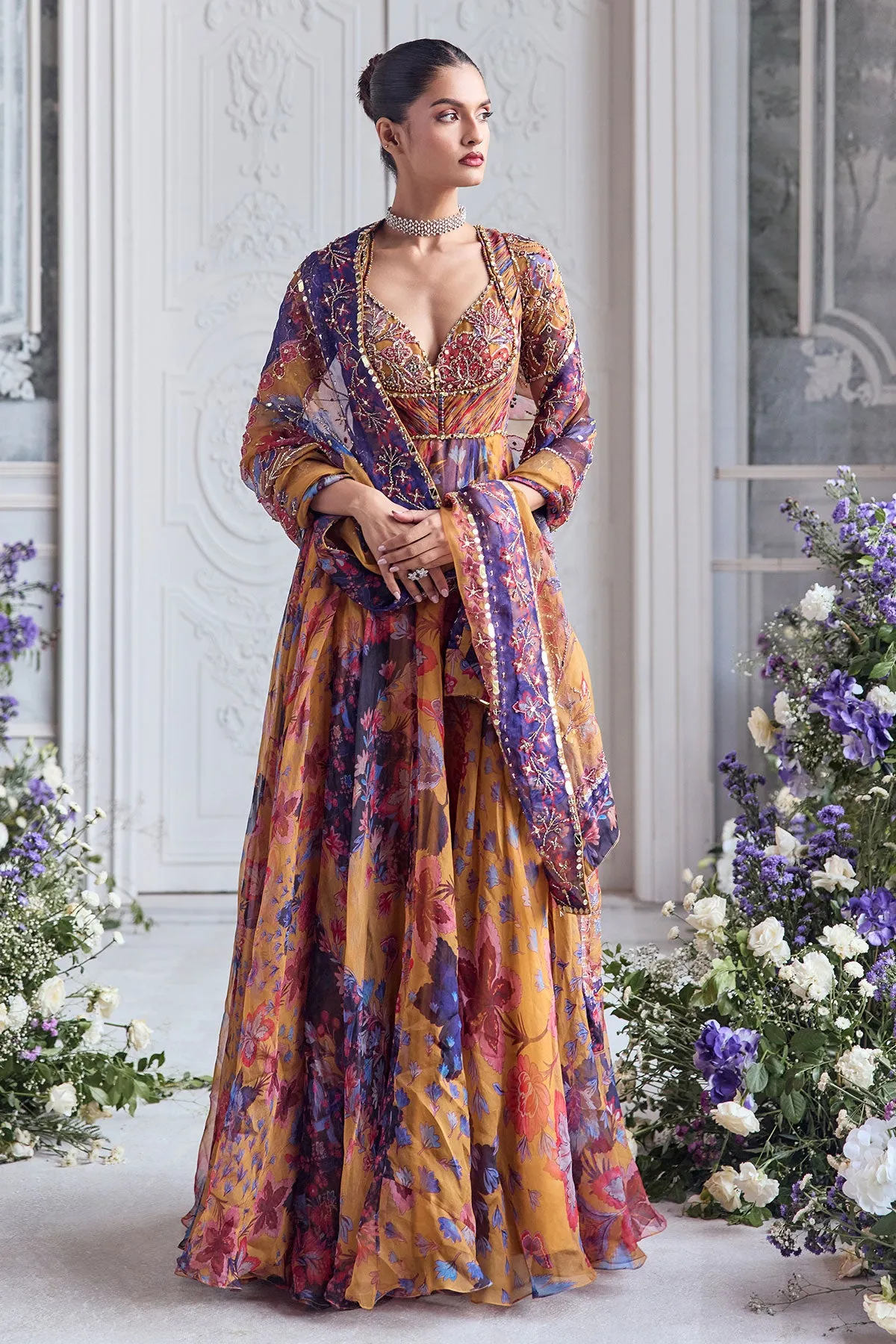 Mustard Floral Printed Anarkali with Embroidered Jacket