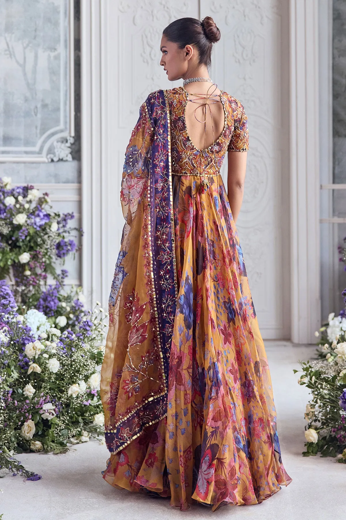 Mustard Floral Printed Anarkali with Embroidered Jacket